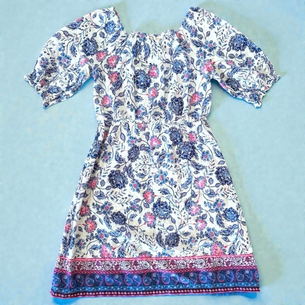 Old Navy Girl Dress Sz L Blue Floral Boho Peasant FairyCore Puff Slv Cottagecore